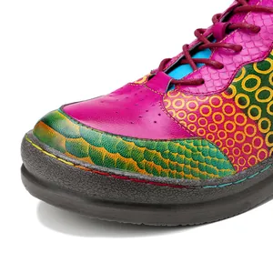 Macro view of colorful vintage leather shoe featuring scale texture and circular patterns