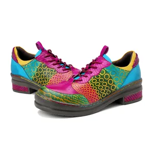 Detailed side view of vibrant patchwork leather loafers with vintage color blocking