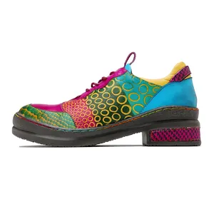 Detailed side profile view of a vintage multicolored patchwork leather shoe with patterns