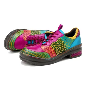 Vibrant retro patchwork genuine leather shoes with colorful ring and snakeskin patterns