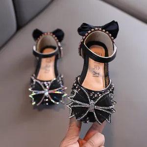 Élégantes chaussures de princesse noires pour filles avec nœuds en strass et semelle souple