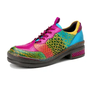 Retro colorful genuine leather patchwork women's loafers with thick soles and laces