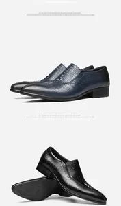 Detail view of navy blue and black crocodile embossed men's business loafers