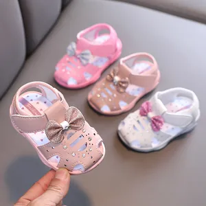 Kleinkind Mädchen Prinzessin Sandalen Weiche Sohle Schleife Strass Glitzer Baby Lauflernschuhe Sommer Ausgehöhlt Klettverschluss Weiß Rosa