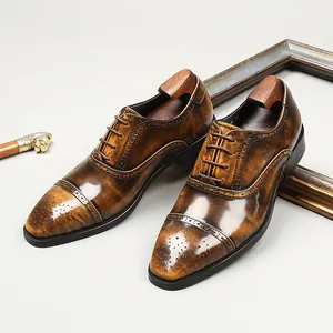 Herren Britischer Stil Brogue Geschnitzte Halbschuhe Cap-Toe Echtes Leder Oxford Formell Business Hochzeit Schuhe Verschleißfest Glänzend