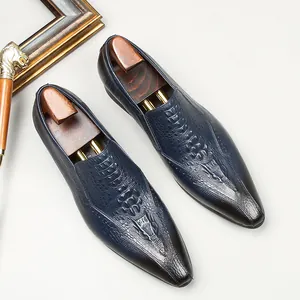 Men's blue crocodile-embossed leather loafers with pointed toe for business casual