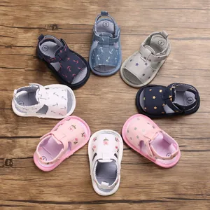Sandales d'Été pour Bébé Semelle Souple en Toile de Coton Chaussures Premier Pas Avec Motifs d'Ancre Étoile Florale
