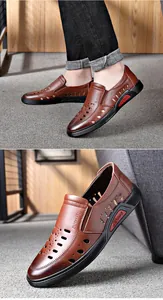 Detail of men's brown leather hollow-out shoes showing breathable design and sole