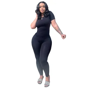 Women Ribbed Top And Bottom High Elastic Short Sleeve Round Neck T-Shirt And High Waist Leggings Sporty Casual Two Piece Outfits Plus Size Tracksuit