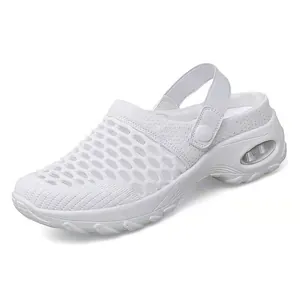 White fly-knit mesh breathable air cushion platform mules for women detail view