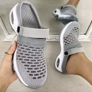 Grey breathable mesh platform mules for women featuring air cushion sole for comfort