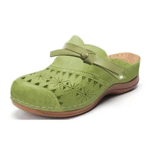 Women's Comfort Laser Cut Closed Toe Flat Sandals Casual Bow Knot Mules Retro Slip On Large Size Soft PU Leather Clogs
