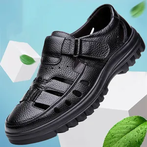 Sandalias de Verano de Cuero de Vaca de Primera Capa para Hombre Zapatos de Papá Transpirables Punta Cerrada Suela Blanda Casual