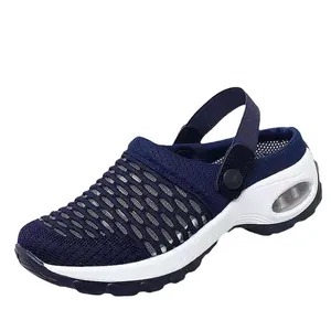 Women's breathable mesh wedge sandals with air cushion in navy blue and white