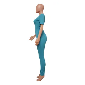Plus size blue ribbed knit two-piece set with short sleeve top and high stretch leggings