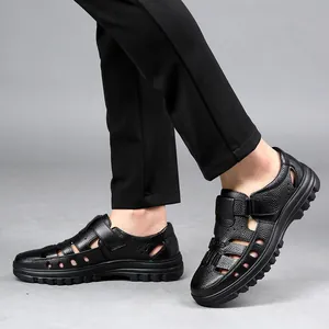 Sandalias de cuero genuino negro para hombre con diseño hueco y suelas suaves y cómodas
