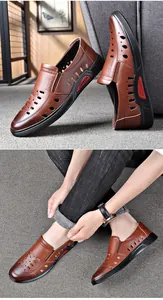 Close-up of brown breathable leather hollow sandals for men in casual business style