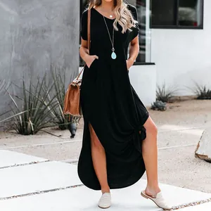 Elegant summer loose black maxi dress with side slit and functional pockets for women