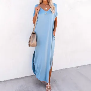 Casual solid color loose light blue maxi dress with pockets and side slits for summer
