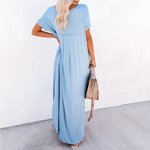 Back view detail of light blue loose irregular maxi dress featuring pleated design