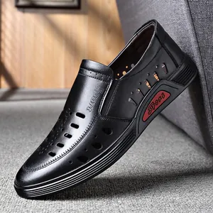 Men Leather Sandals Hollow Out Breathable Business Casual Shoes Slip On Loafers For Men Summer Lightweight Anti Slip Rubber Sole Dress Shoes