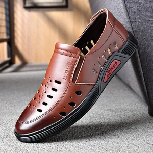 Men's brown leather business casual sandals with a breathable hollow-out design