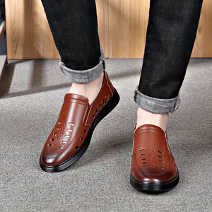 Brown men's breathable genuine leather hollow-out sandals for casual business wear