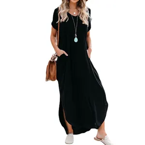 Stylish casual loose black short sleeve maxi dress with pockets and irregular hem for women
