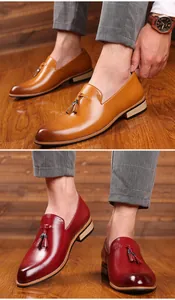 Elegant men's pointed toe leather loafers with decorative tassels in brown and burgundy.