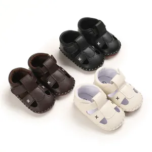 Soft-sole non-slip baby sandals in black, brown, and cream for infants aged 0-12 months