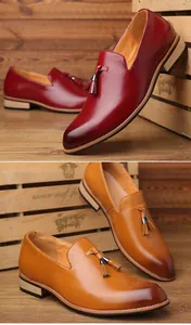 Professional men's pointed toe tassel loafers in red and tan leather with British style