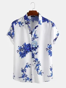 Detailed front view of white mens short-sleeve shirt with blue floral ink wash print