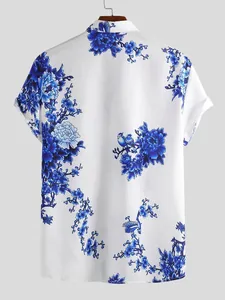 Back view of men's short-sleeve shirt featuring blue ink plum blossom floral print.