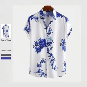 Men Casual Short Sleeve Button Down Shirt Chinese Style Ink Painting Plum Blossom Bird Printed Polyester Resort Top