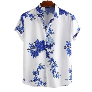Men's casual short-sleeve shirt with blue ink-wash plum blossom floral print