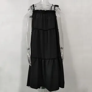 Detail view of the tiered design and ruffled neckline on this black summer sundress.