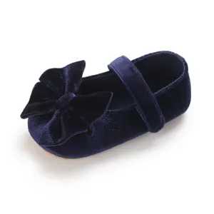 Elegant navy blue velvet baby girl Mary Jane shoes with big bow detail for first walkers