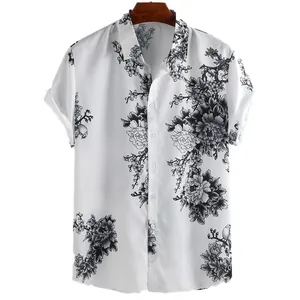 Men's casual short-sleeve shirt with elegant black ink wash floral print on white fabric