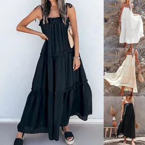 Women Sexy Spaghetti Strap Tiered Maxi Dress Cotton Solid Color Ruffle Boho Beach Vacation Summer Sleeveless Dress