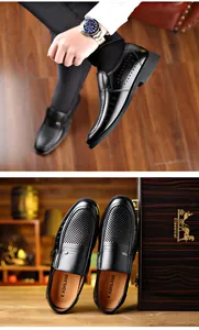 Close-up detail view of black breathable hollow out leather loafers for men with a classic style
