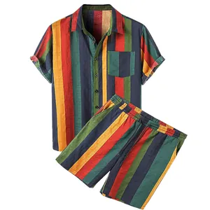 Herren Hawaiian Baumwolle Top And Bottom Tropische Vertikale Streifen Kurzarm Hemd Shorts Set Sommer Strand Lässiges Outfit