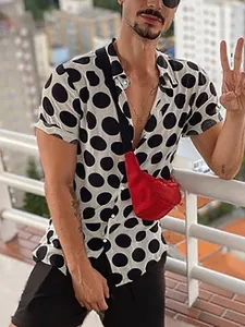 Men's white short-sleeve shirt with large black polka dots, slim fit beach style