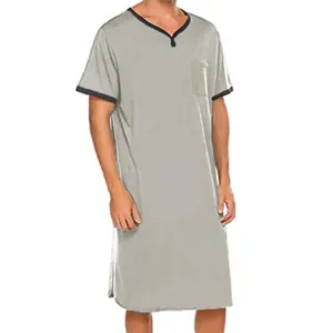 Chemise de nuit homme grise confortable, manches courtes et col en V respirant