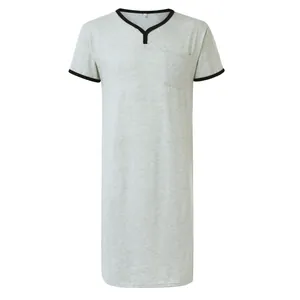 Comfortable men's loose grey cotton nightshirt with V-neck and contrast black trim