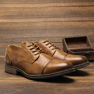 Side view of classic brown men's leather shoes with an elegant distressed finish