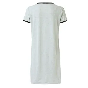 Back view of a breathable light gray short-sleeved nightshirt with black trim