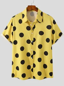 Men's yellow Hawaiian short-sleeved shirt with a bold black polka dot print design