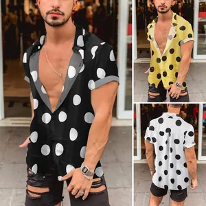 Men Hawaiian Beach Polka Dot Print Slim Fit Short Sleeve Shirt Casual Button Down Turndown Collar Summer Resort Top