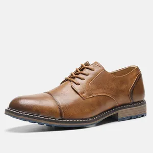Classic brown men's business casual leather dress shoe with an elegant cap toe detail