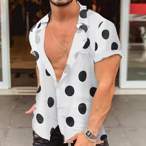 Men's slim-fit white short sleeve shirt with black polka dot print for beach.